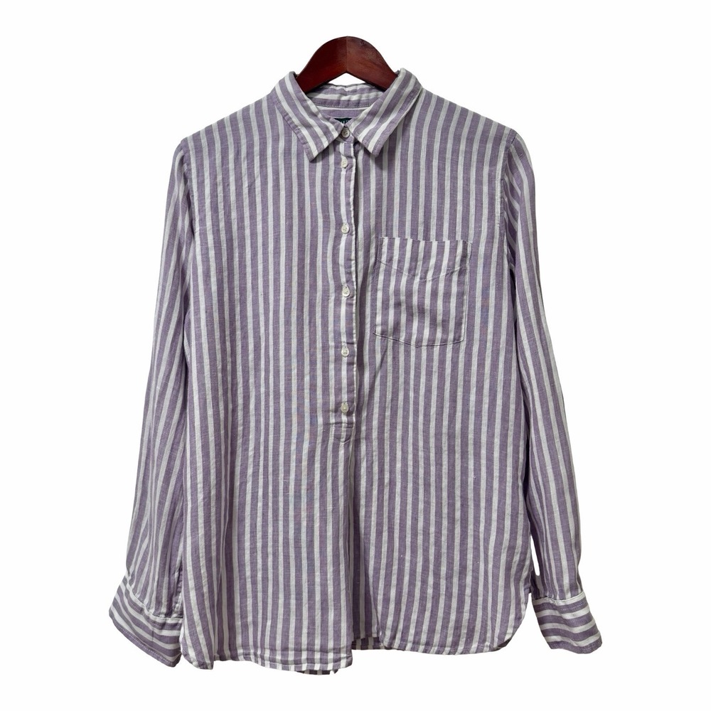 LRL Lauren Womens Stripe 100% Linen Button Popover Shirt Size L Coastal Beachy
